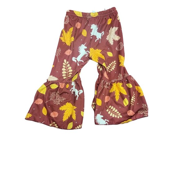 Girls Fall-Themed Bell Bottom Pants With Unicorn & Leaf Print - Picture 1 of 1